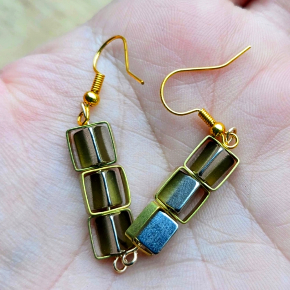 Brass Square-framed Earrings with Triangular Metal Beads